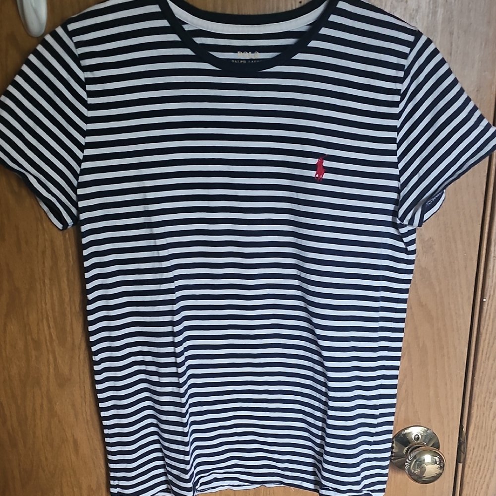 Blue and White Striped T-Shirt with Red Polo Logo